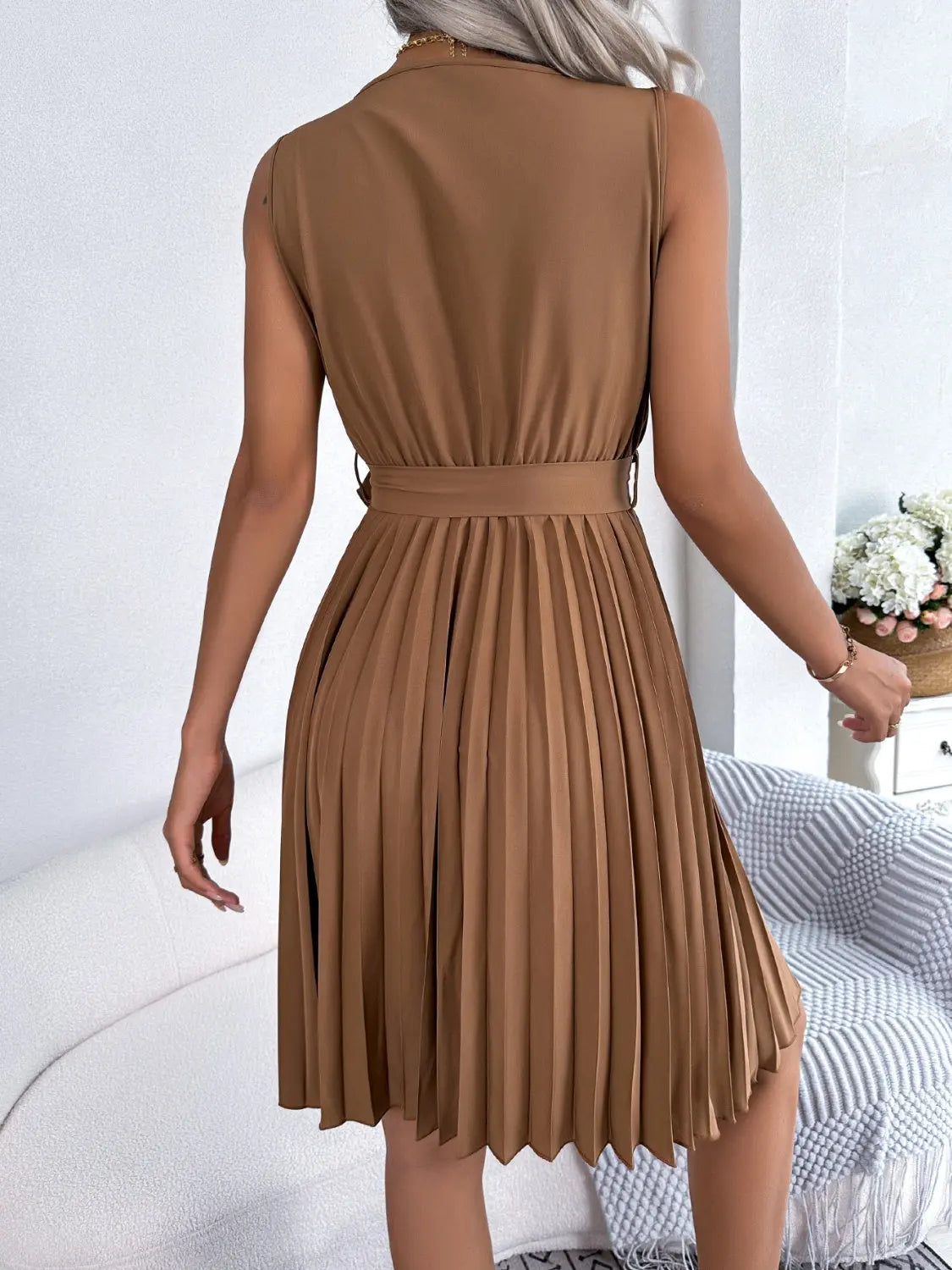 Tied Surplice Sleeveless Pleated Dress Trendsi