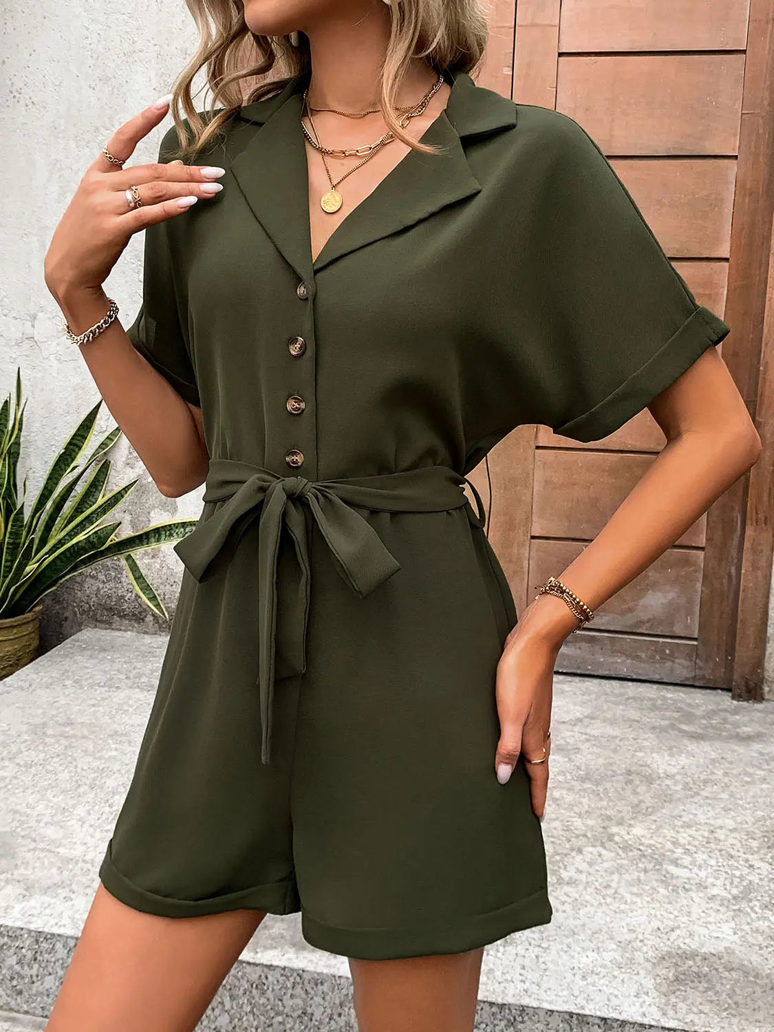 Half Button Tie Waist Short Sleeve Romper Trendsi