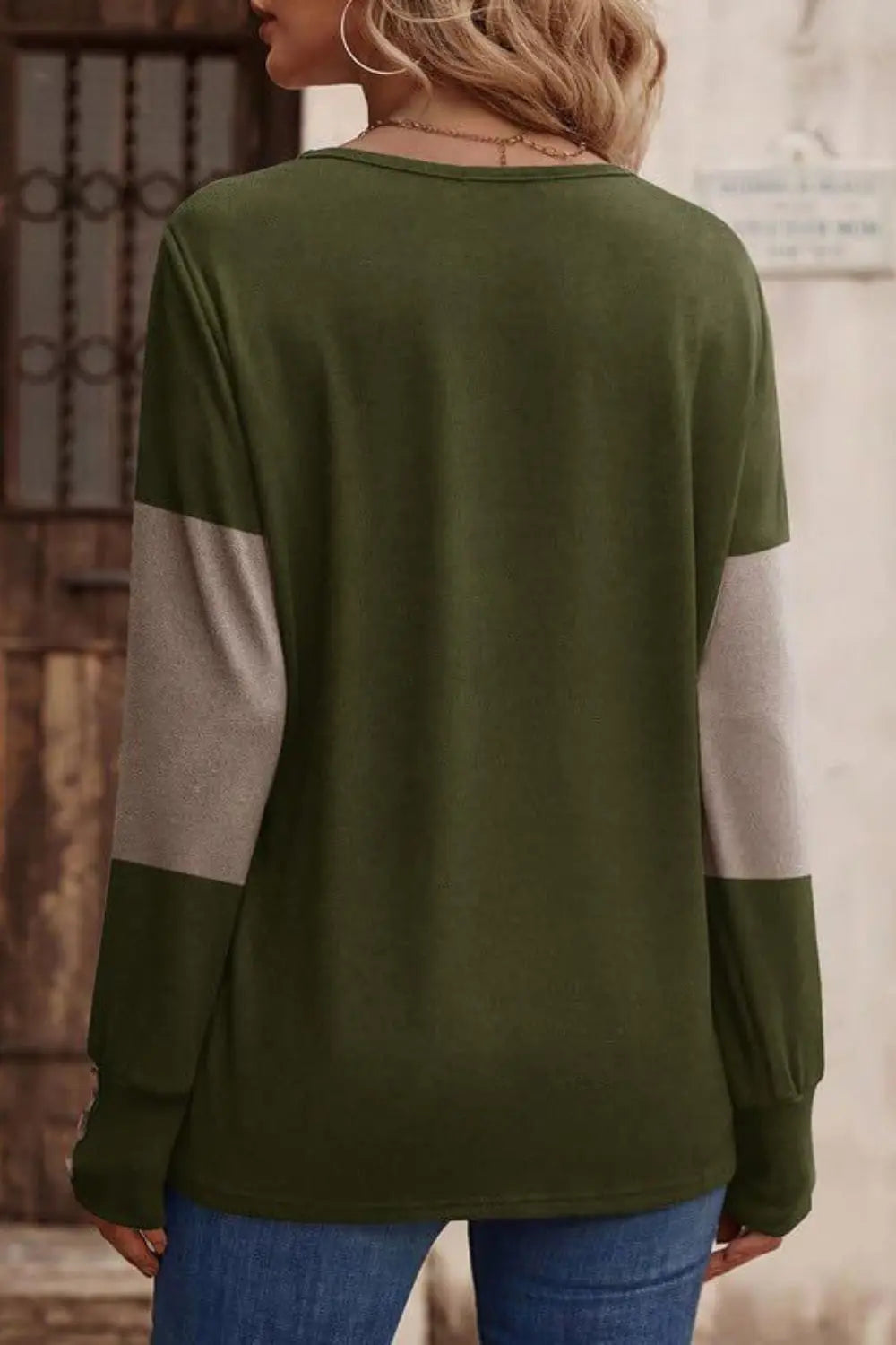 Decorative Button Contrast V-Neck Long Sleeve T-Shirt Trendsi