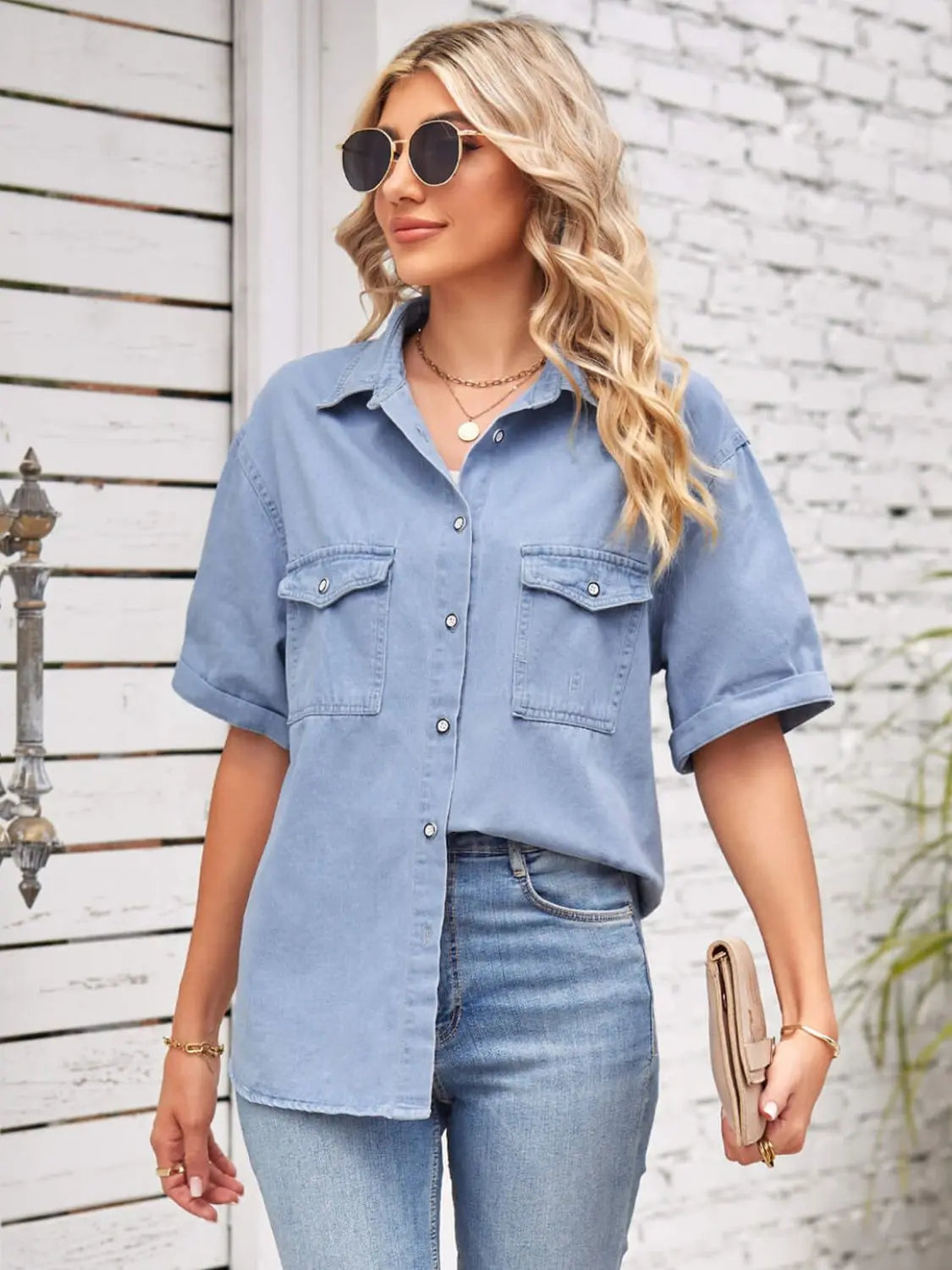 Collared Neck Short Sleeve Denim Jacket - GlossiChic Collection