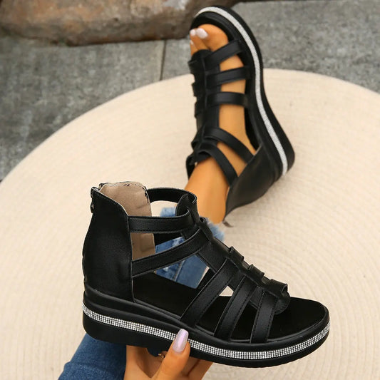 Cutout Rhinestone Trim Wedge Sandals - GlossiChic Collection