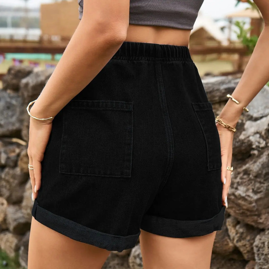 Drawstring High Waist Denim Shorts with Pockets - GlossiChic Collection