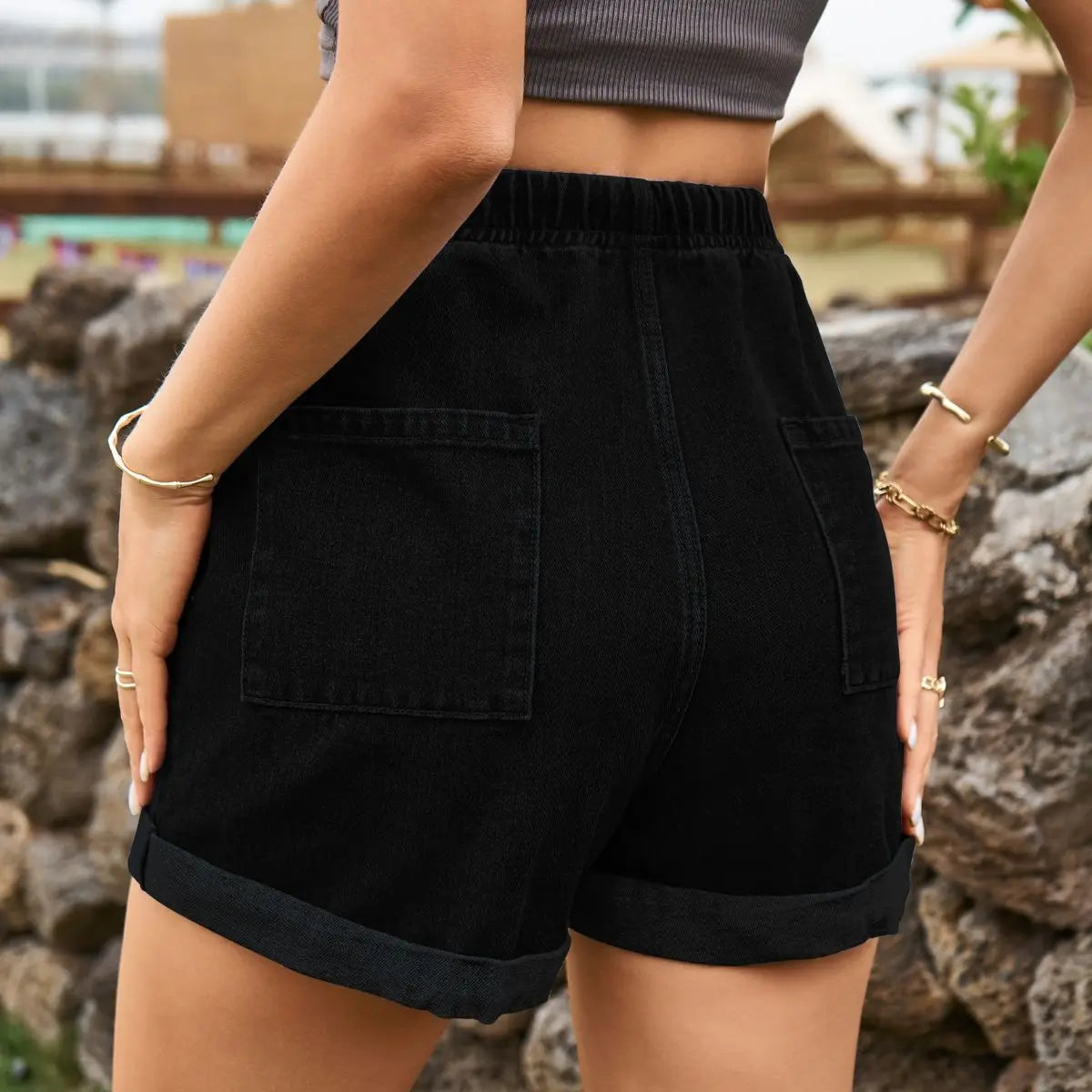 Drawstring High Waist Denim Shorts with Pockets - GlossiChic Collection