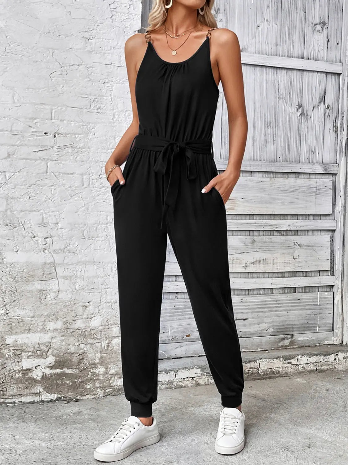 Scoop Neck Tie Waist Jumpsuit Trendsi