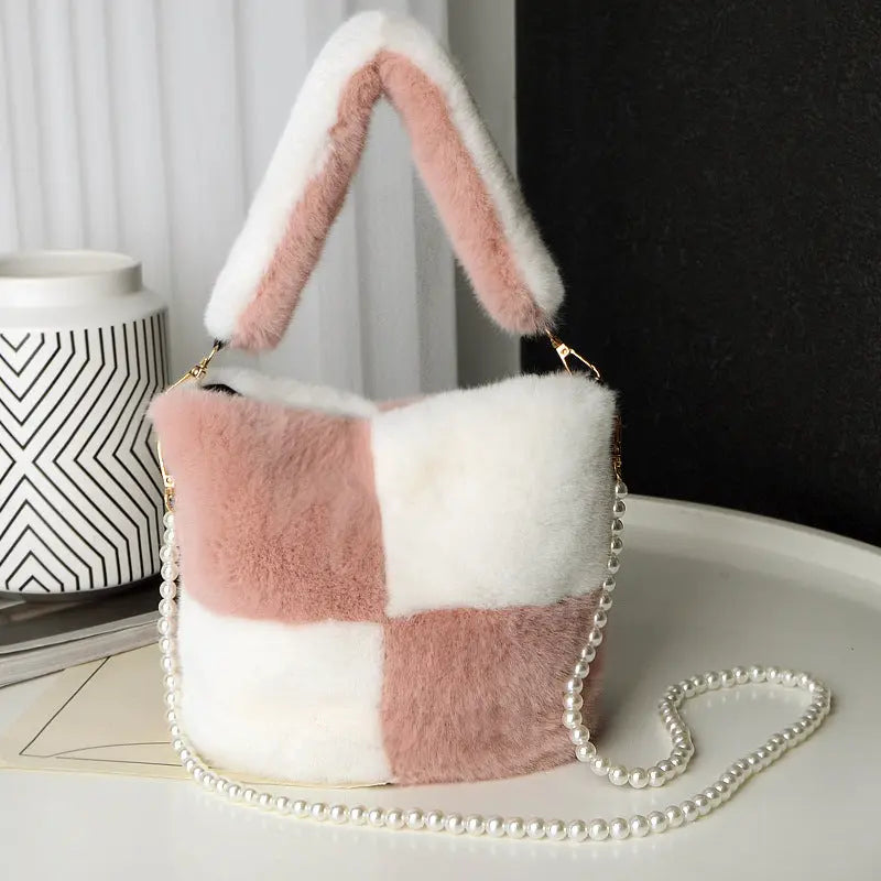 Checkerboard Plush Bucket With Pearl Chain Handbag - GlossiChic Collection