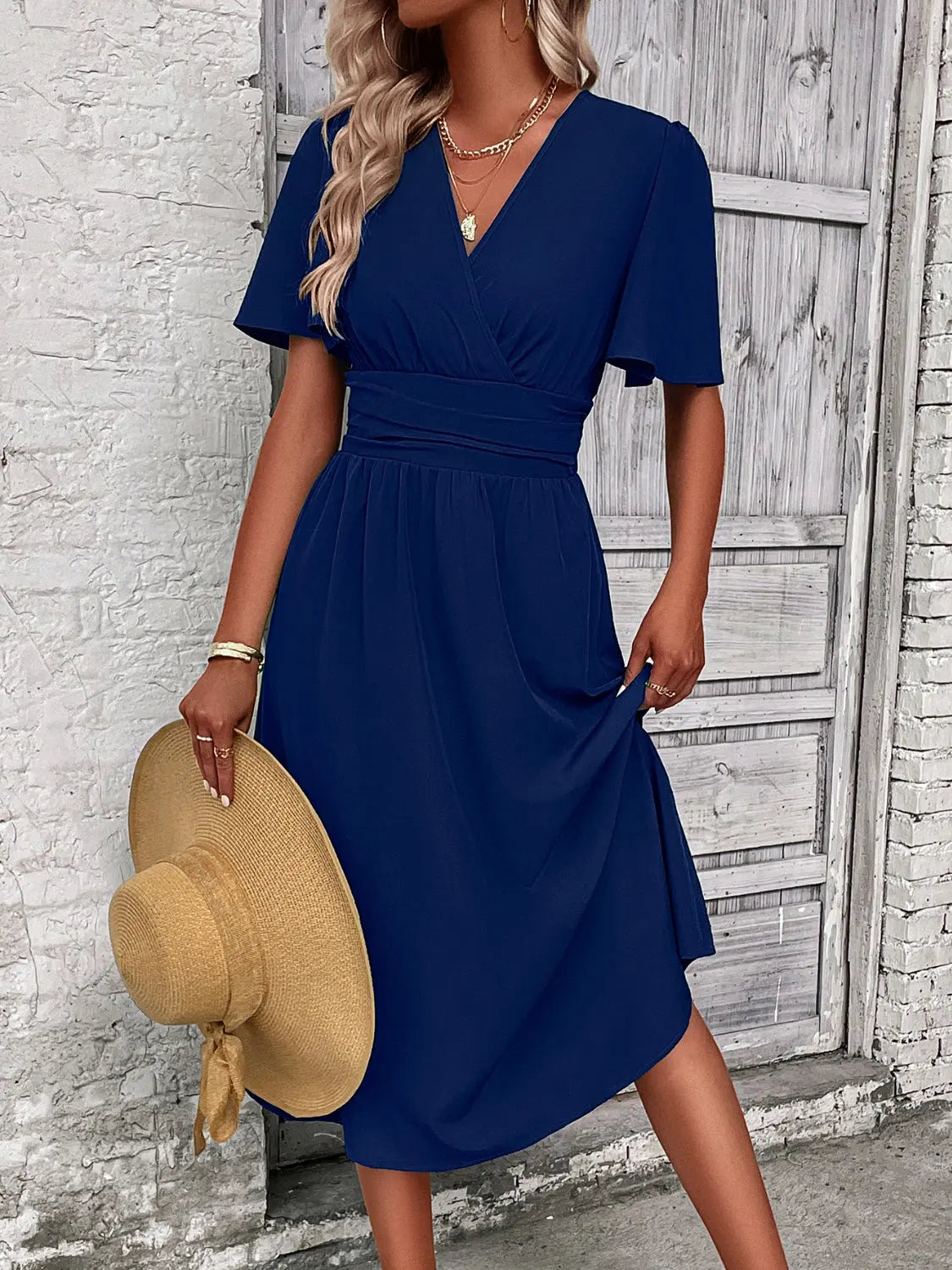 Surplice Flutter Sleeve Midi Dress Trendsi