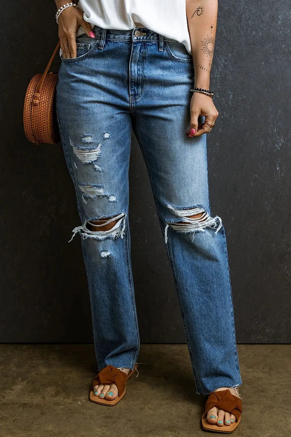 Distressed Raw Hem Jeans with Pockets - GlossiChic Collection