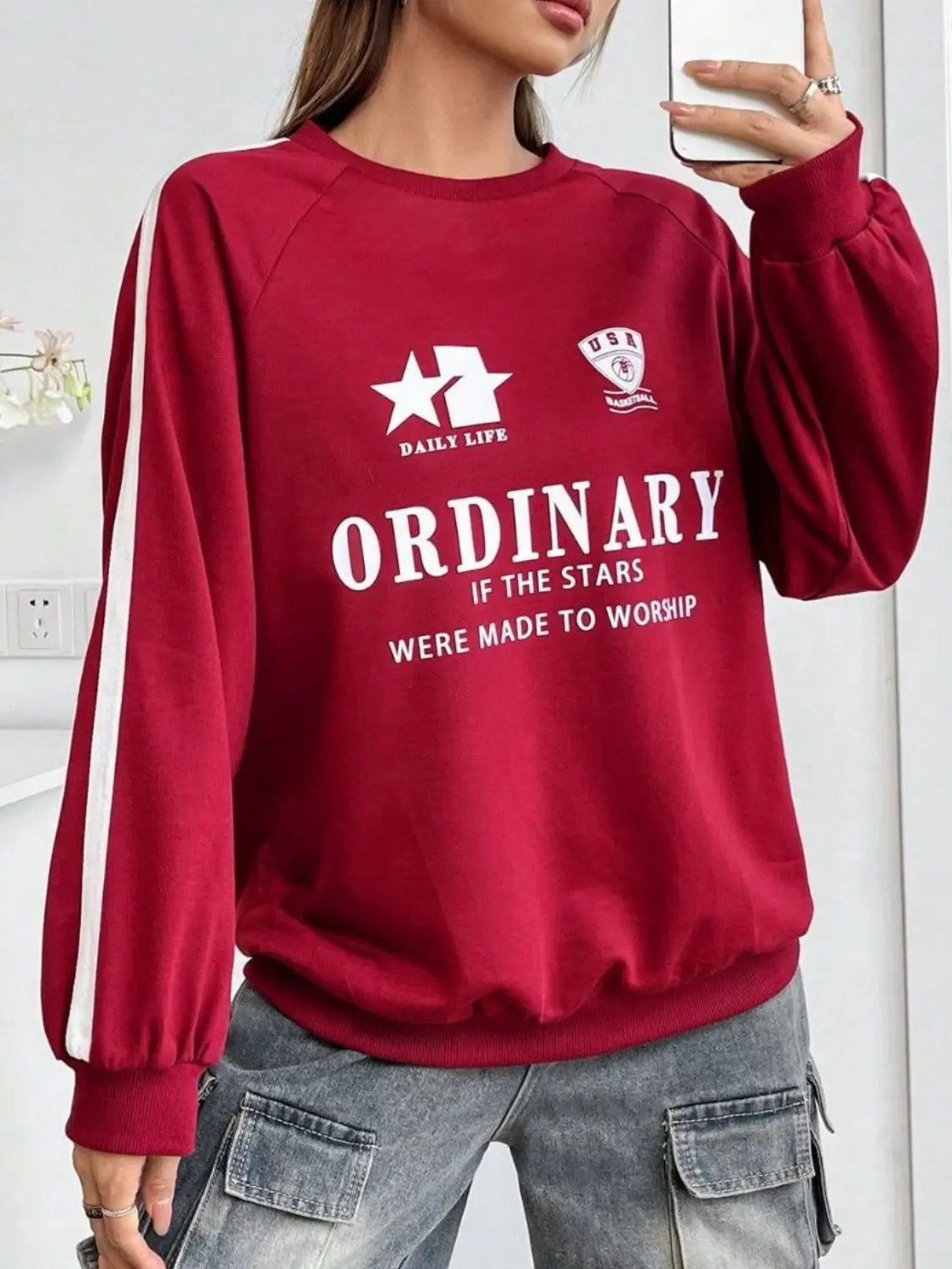 Letter Graphic Round Neck Long Sleeve Sweatshirt GlossiChic Collection