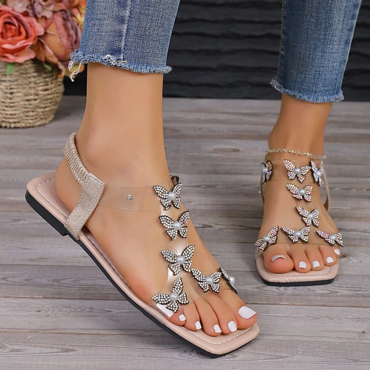 Rhinestone Butterfly Flat Sandals Trendsi