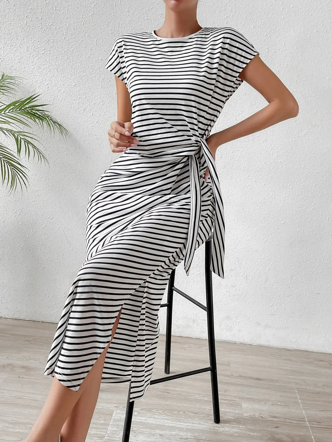 Tied Striped Round Neck Short Sleeve Tee Dress Trendsi