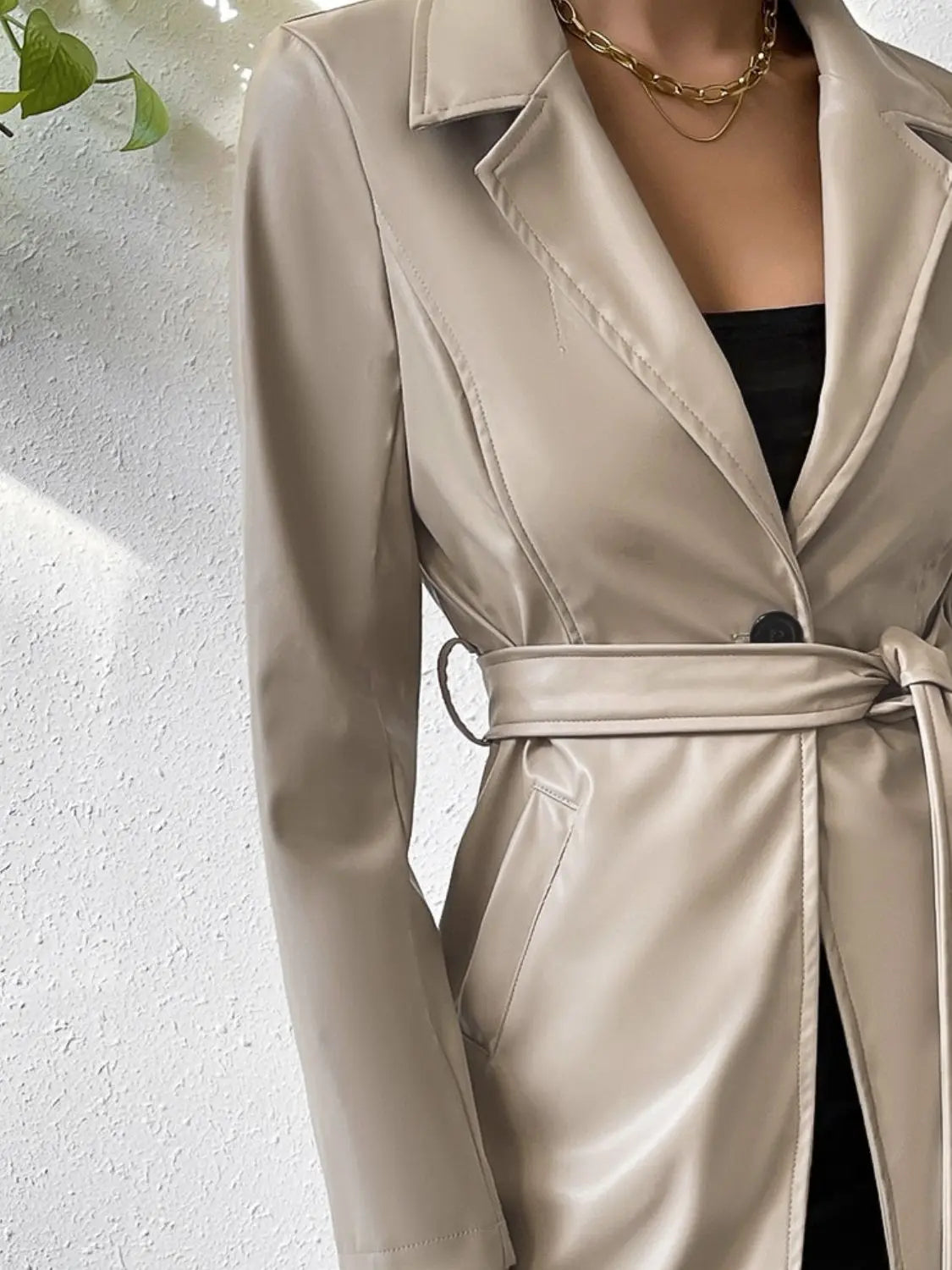 Tied PU Leather Long Sleeve Trench Coat GlossiChic Collection