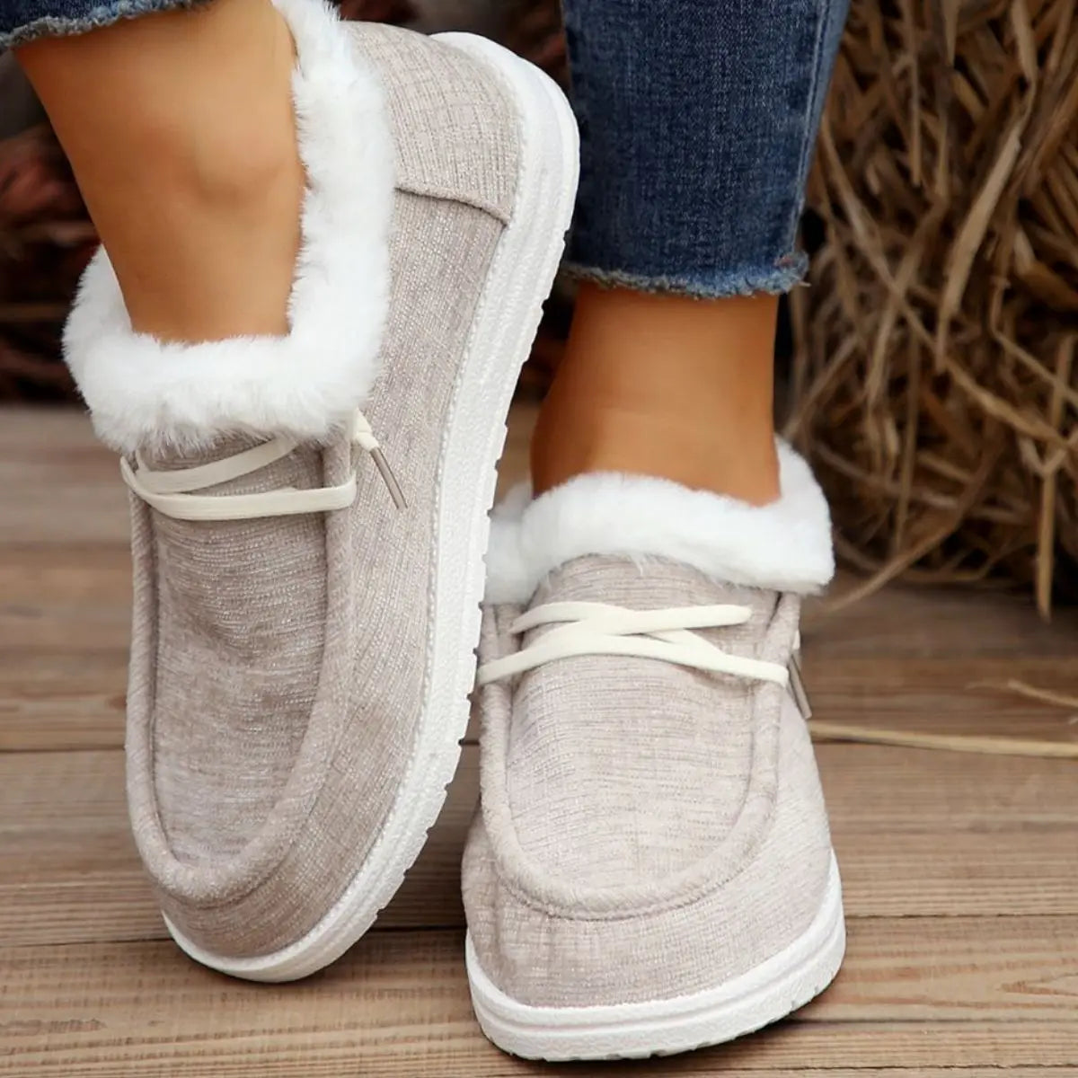 Lace Up Round Toe Furry Sneakers Trendsi