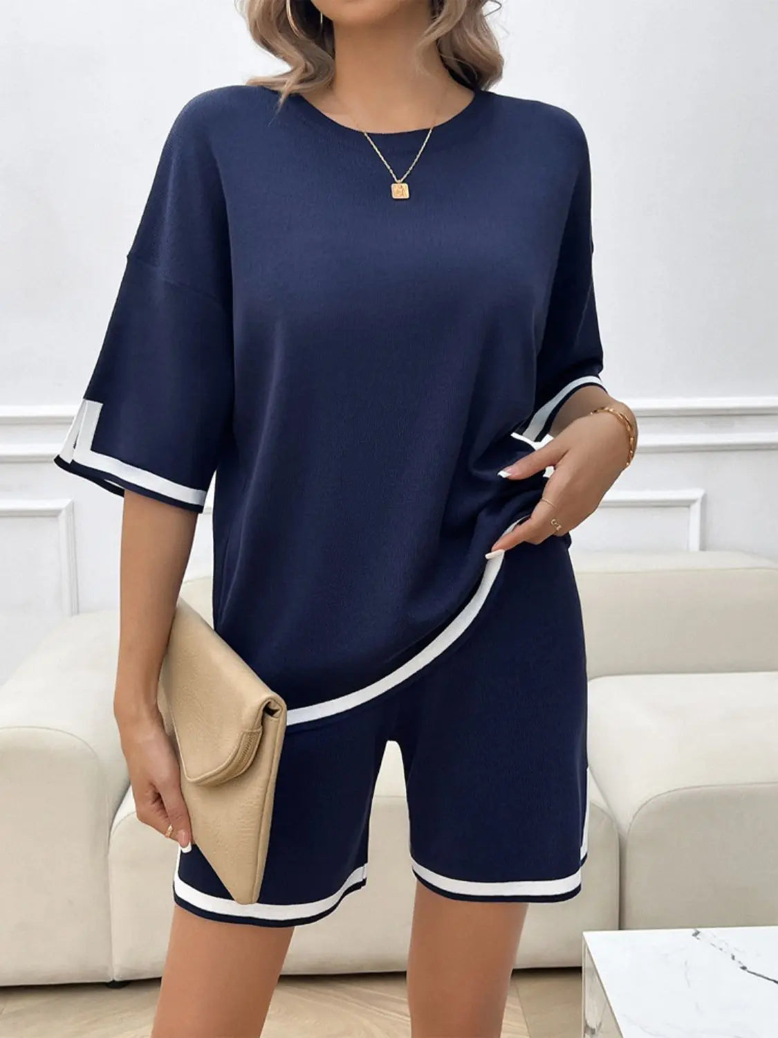 Contrast Trim Round Neck Top and Shorts Set Trendsi