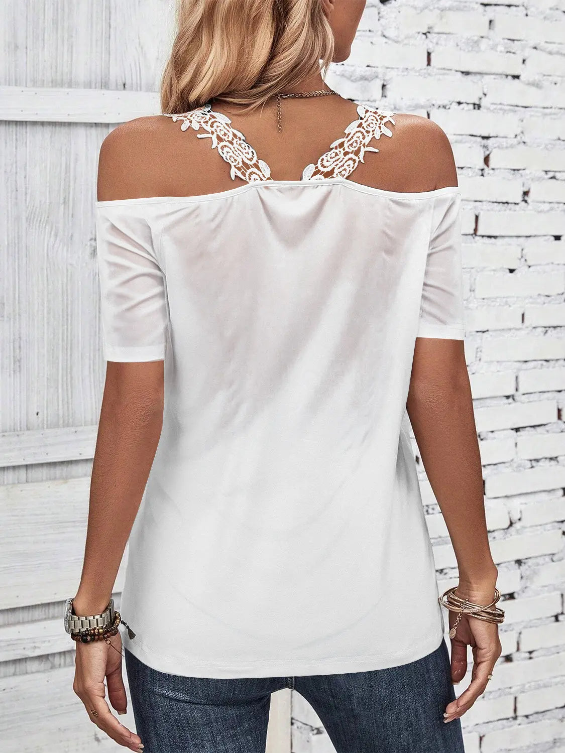 Full Size Lace Detail Short Sleeve T-Shirt Trendsi