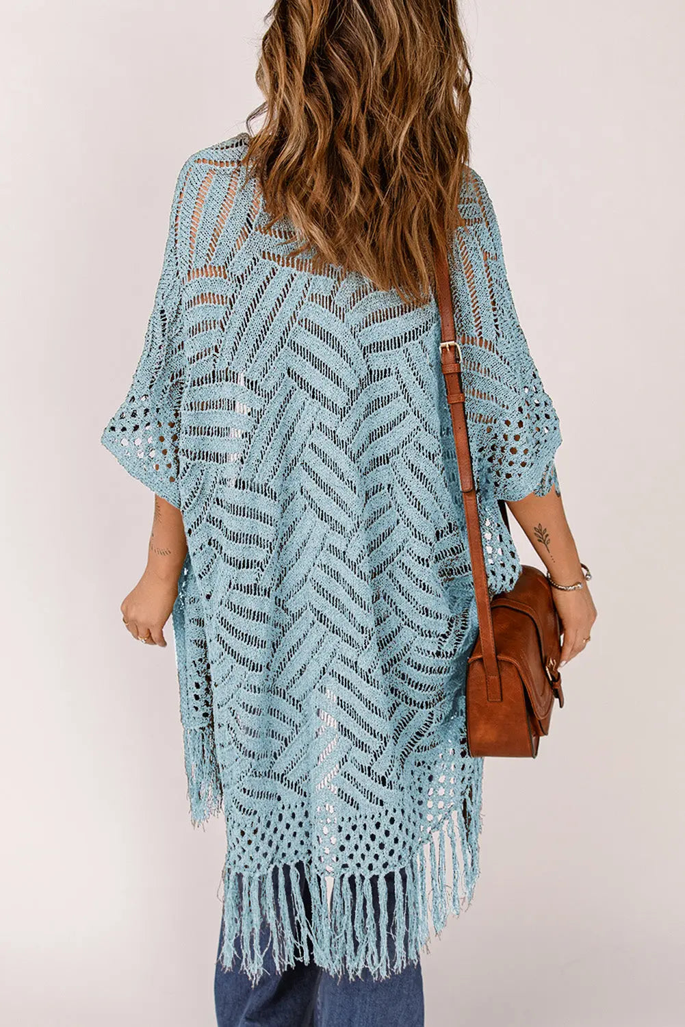 Openwork Open Front Cardigan with Fringes Trendsi