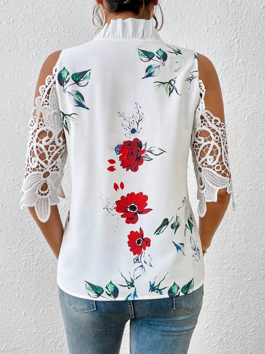 Full Size Lace Printed Half Sleeve Blouse - GlossiChic Collection White / S GlossiChic Collection Shirts & Tops
