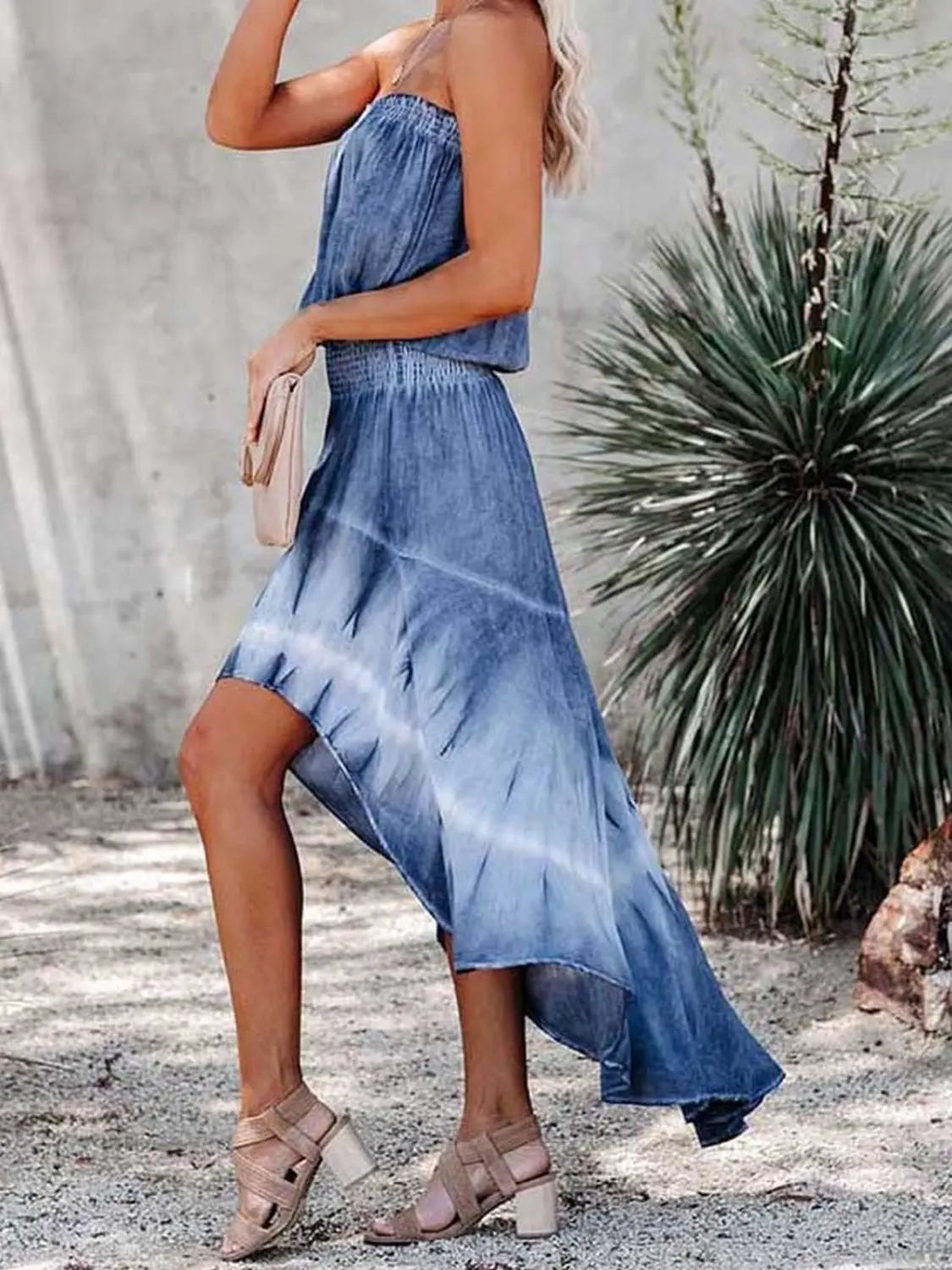 Smocked High-Low Tube Denim Dress Trendsi