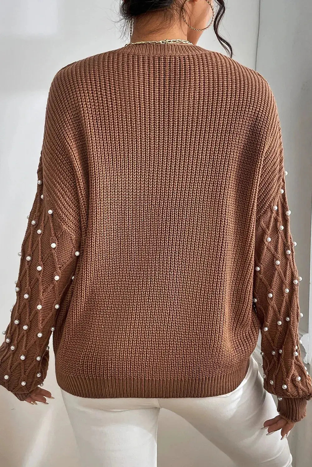 Pearl Detail Round Neck Long Sleeve Sweater Trendsi