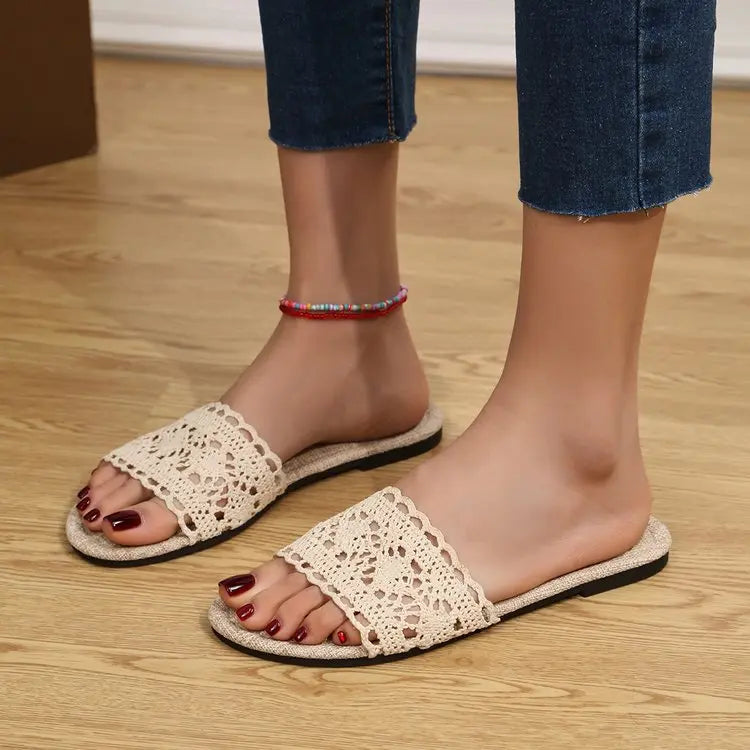 Lace Open Toe Flat Sandals Trendsi