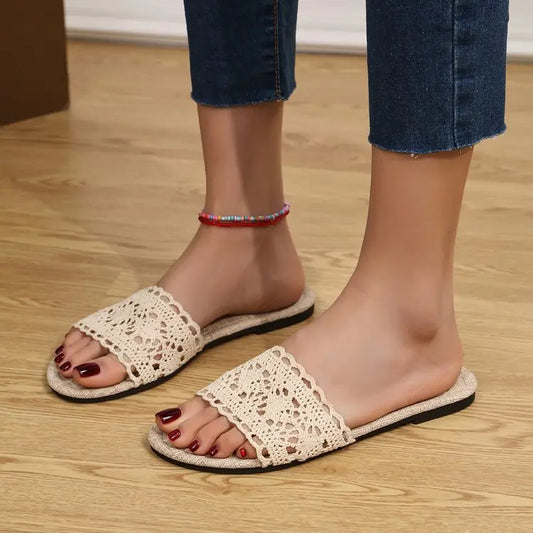 Lace Open Toe Flat Sandals Trendsi