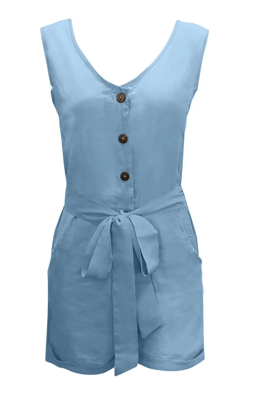 Full Size Tied V-Neck Sleeveless Romper with Pockets - GlossiChic Collection