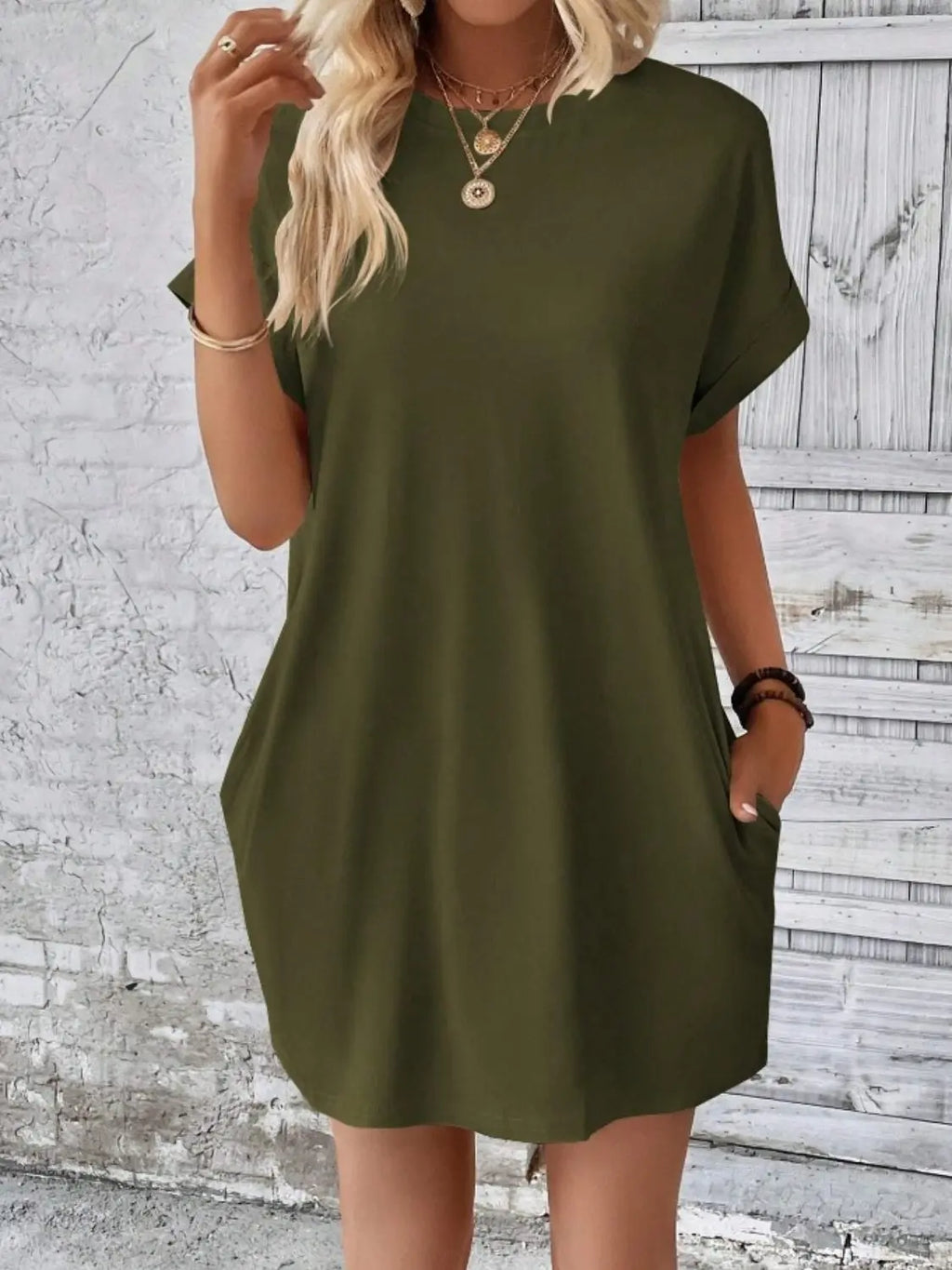 Pocketed Round Neck Short Sleeve Dress - GlossiChic Collection Army Green / S GlossiChic Collection Dresses