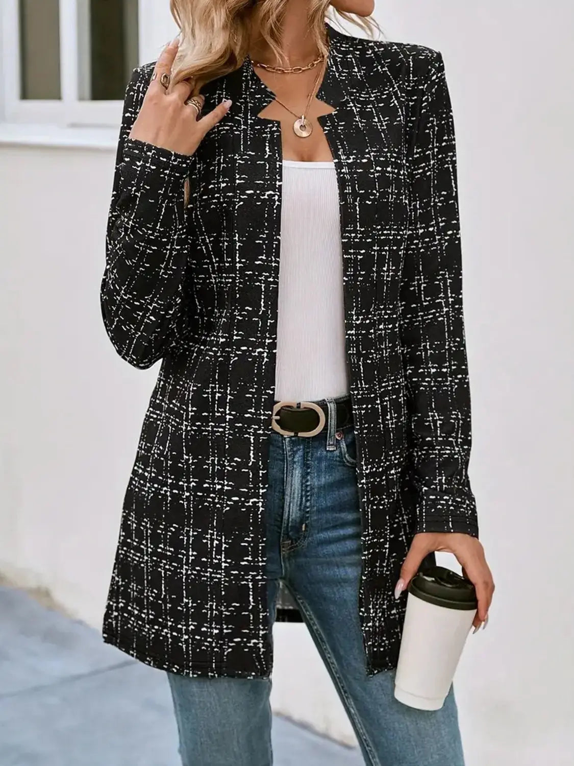 Plaid Open Front Long Sleeve Blazer GlossiChic Collection