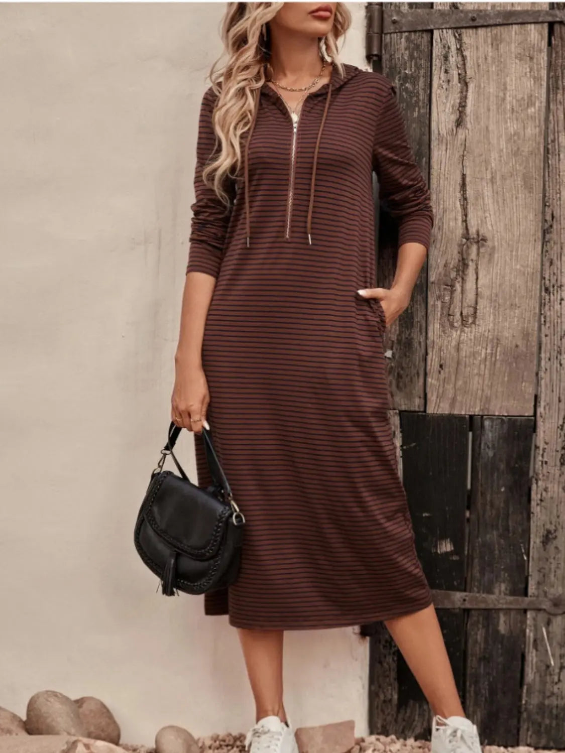 Striped Zip Front Hooded Dress Trendsi