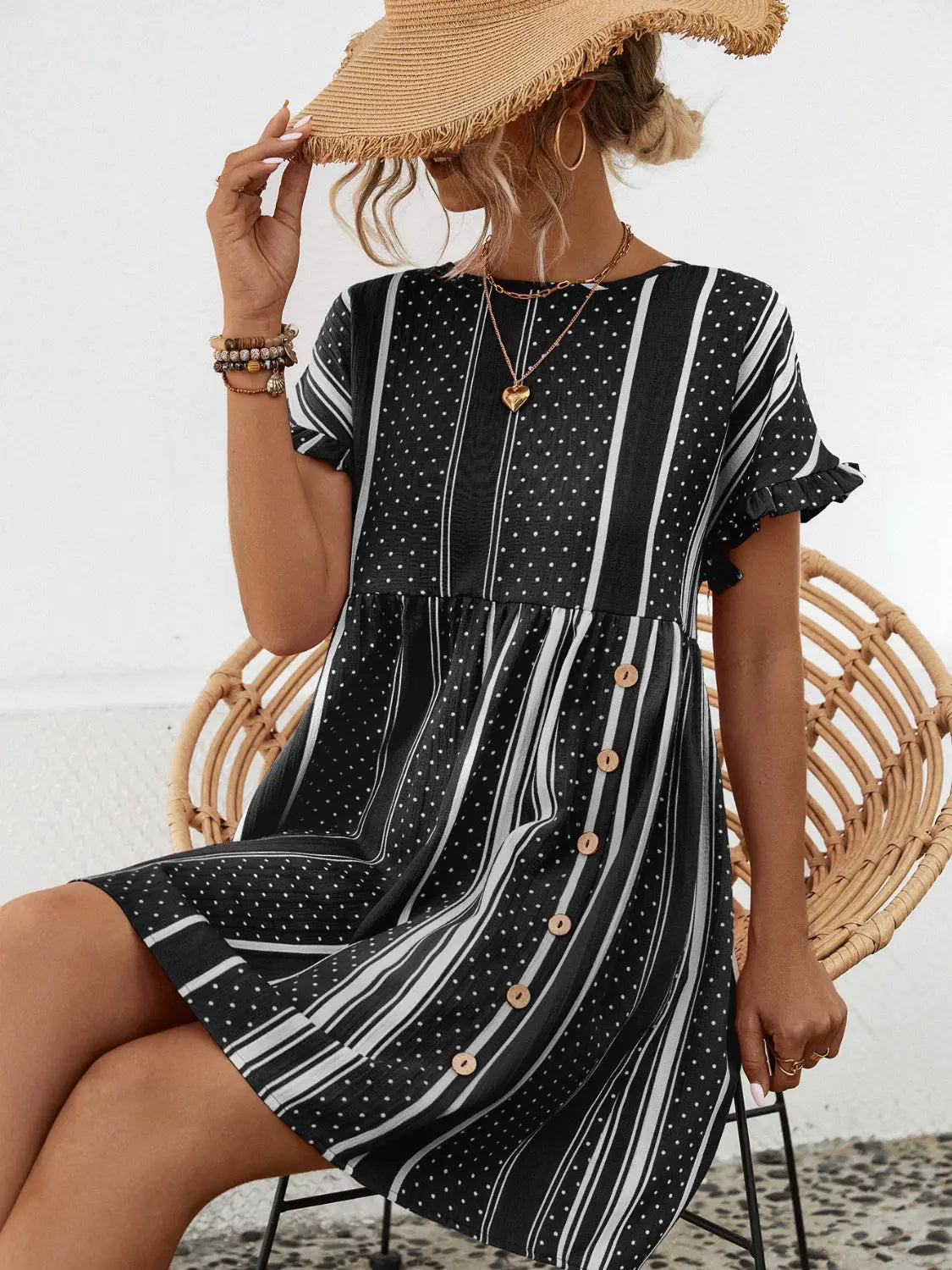 Striped Polka Dot Frill Short Sleeve Mini Dress Trendsi