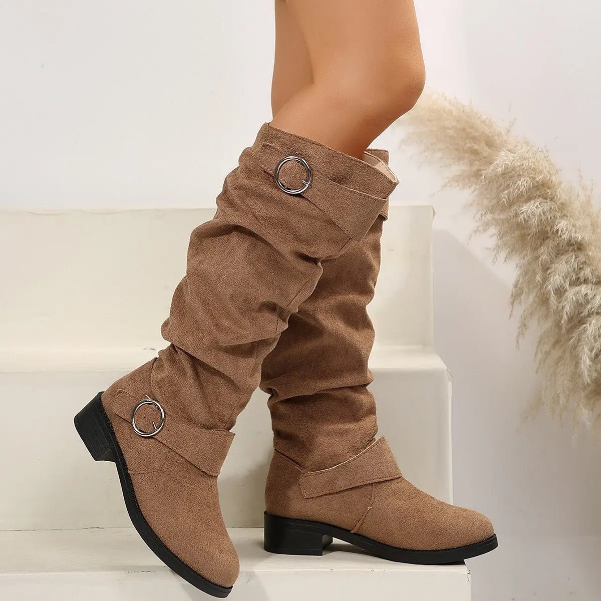 Buckle Round Toe Block Heel Boots - GlossiChic CollectionShoes