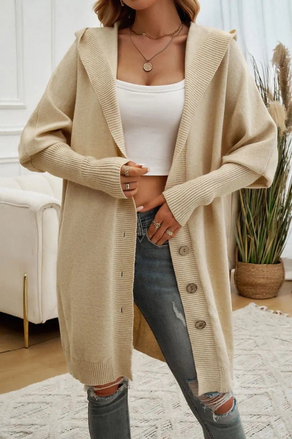 Button Up Long Sleeve Hooded Cardigan - GlossiChic CollectionBlazer & Cardigan
