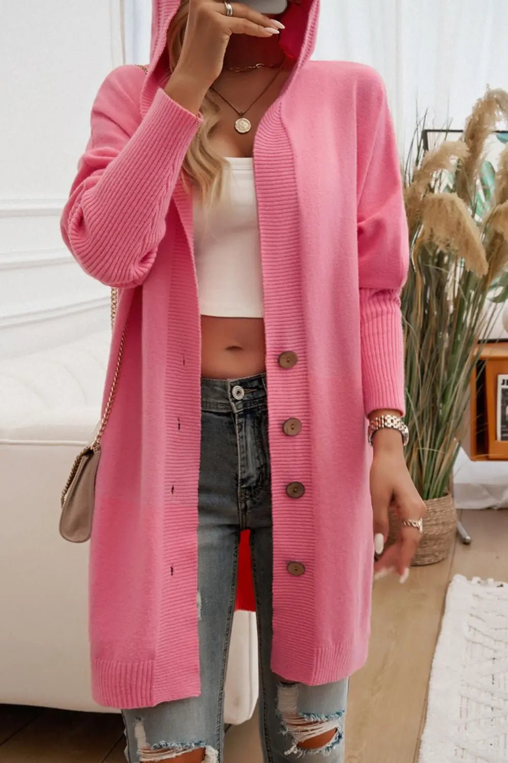 Button Up Long Sleeve Hooded Cardigan - GlossiChic CollectionBlazer & Cardigan