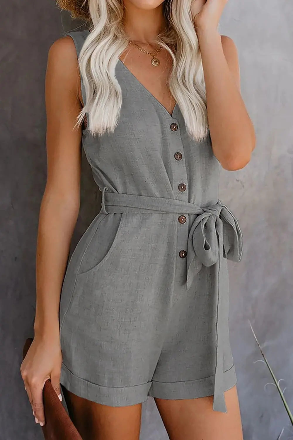 Full Size Tied V-Neck Sleeveless Romper with Pockets - GlossiChic Collection