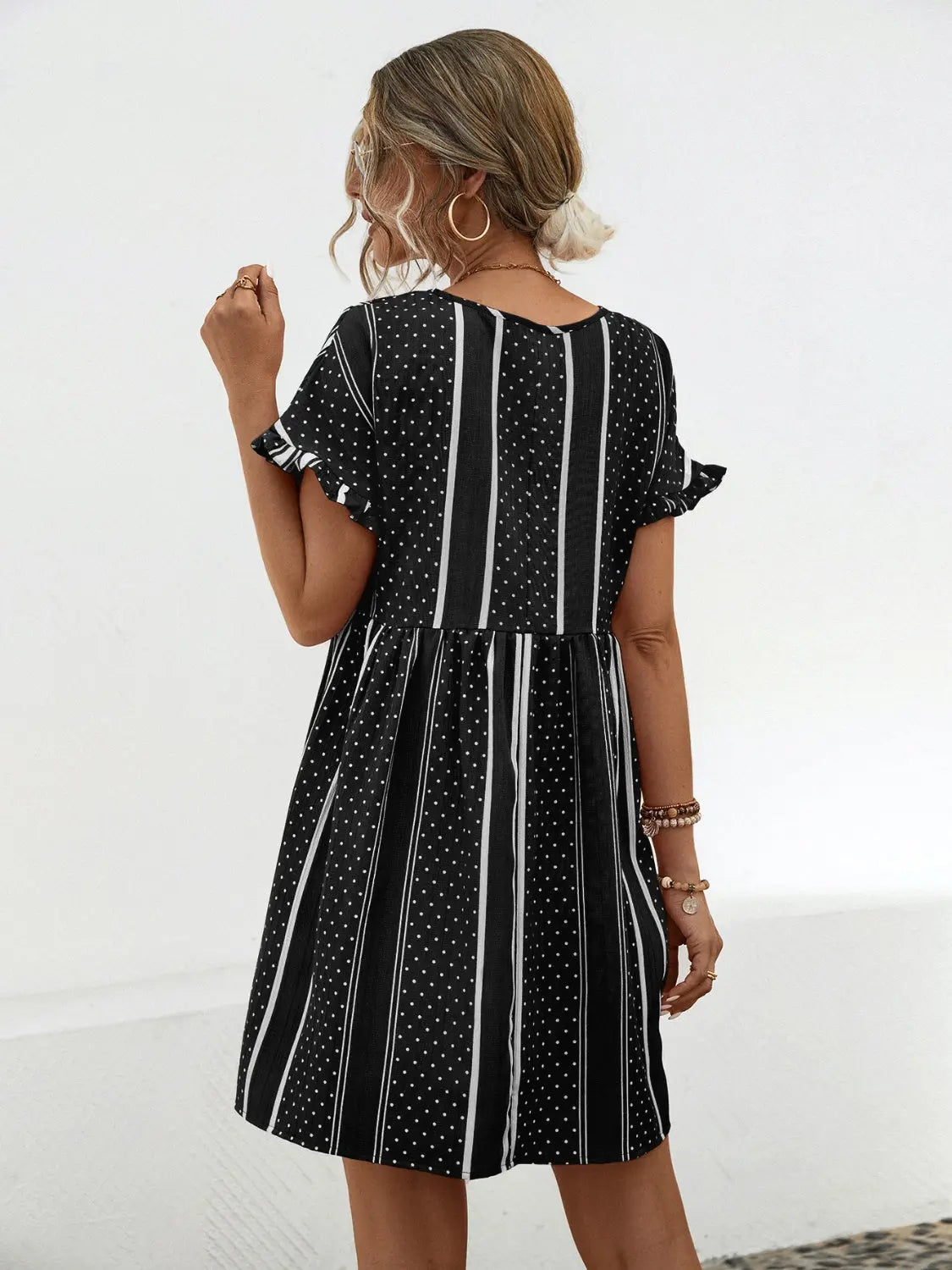 Striped Polka Dot Frill Short Sleeve Mini Dress Trendsi