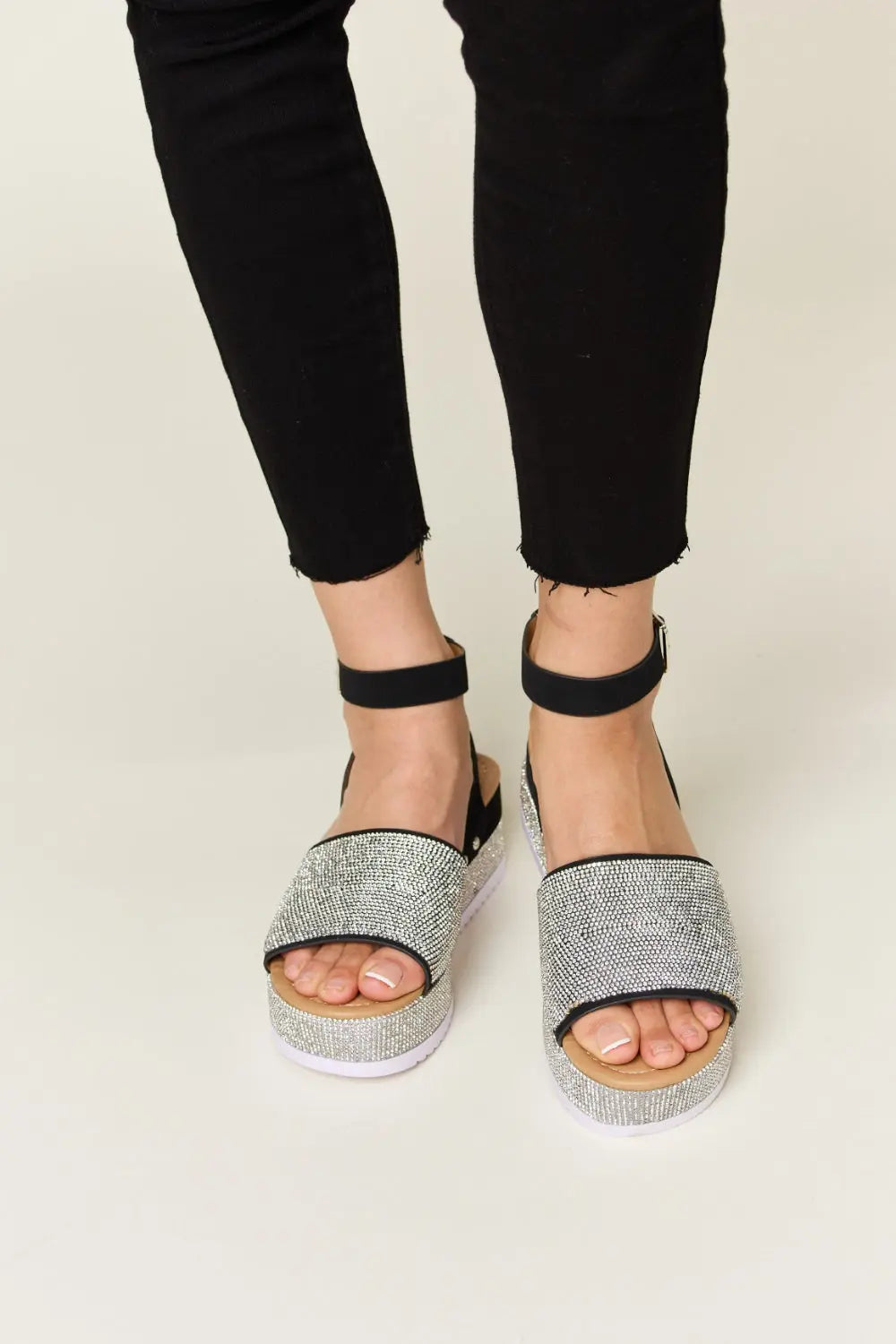 Rhinestone Buckle Strappy Wedge Sandals - GlossiChic Collection Black / 6 GlossiChic Collection Shoes & Accessories