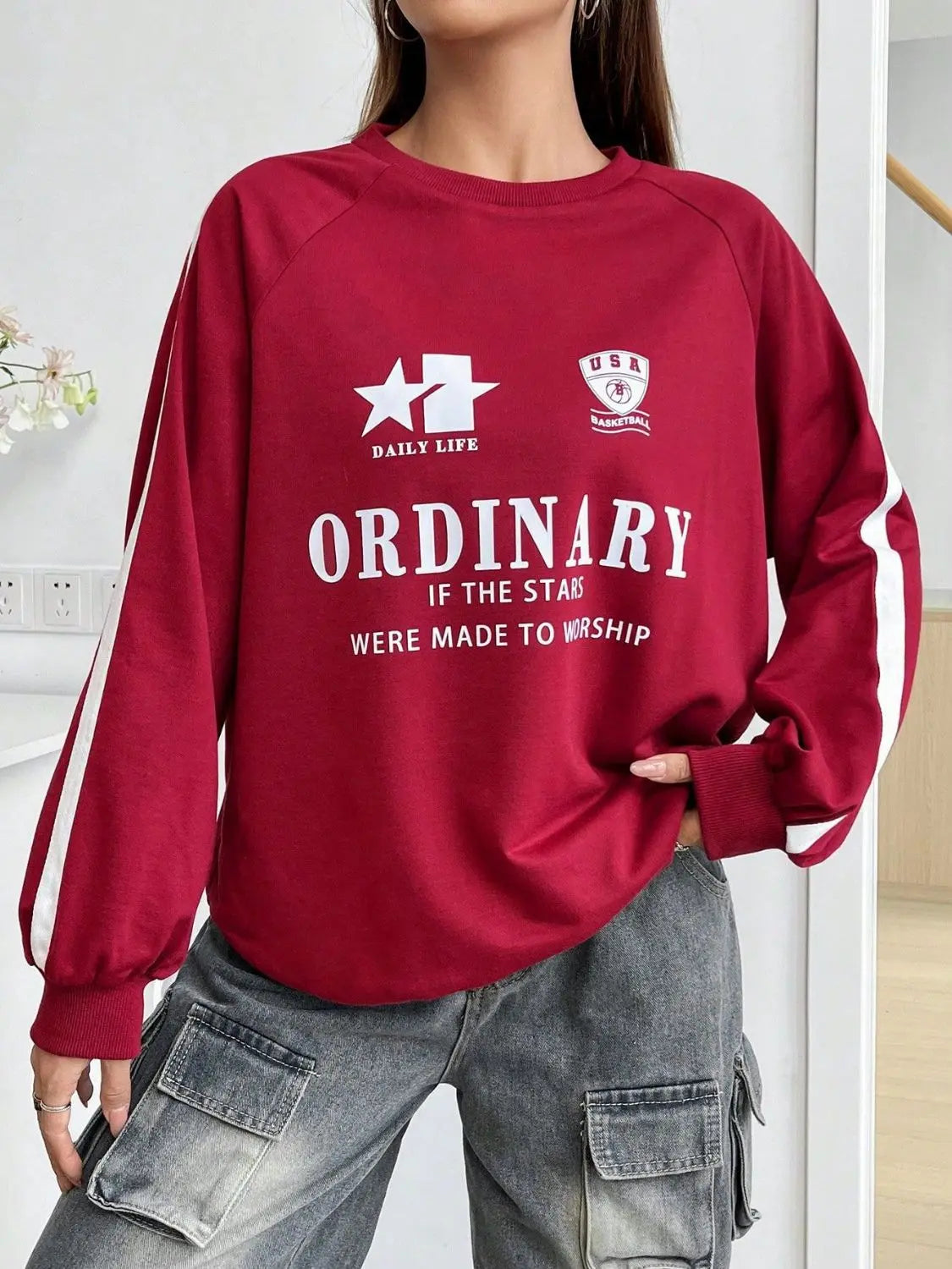 Letter Graphic Round Neck Long Sleeve Sweatshirt GlossiChic Collection