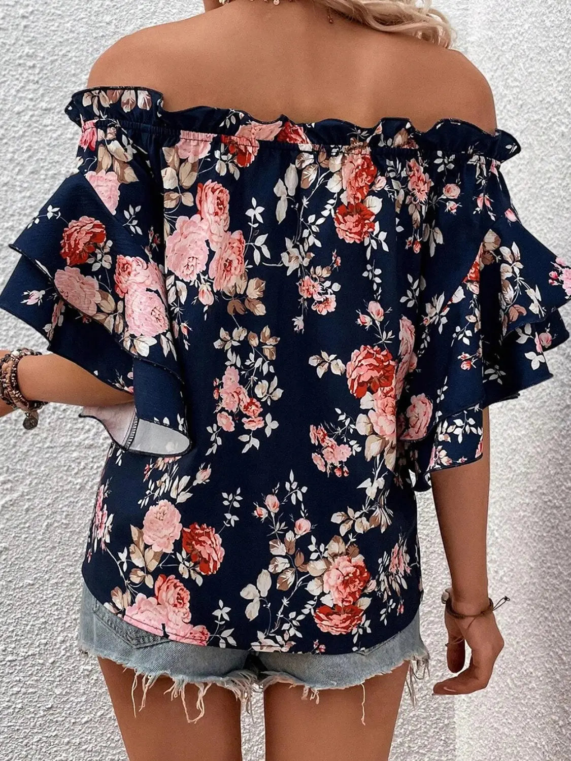 Printed Off-Shoulder Flounce Sleeve Blouse - GlossiChic Collection Navy / S GlossiChic Collection Shirts & Tops