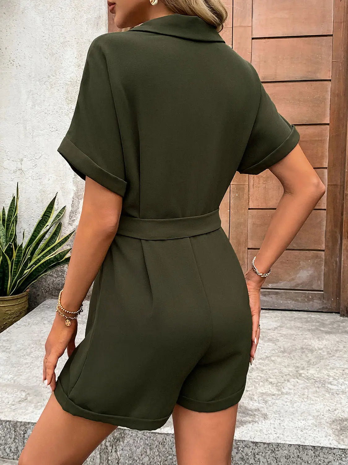 Half Button Tie Waist Short Sleeve Romper Trendsi