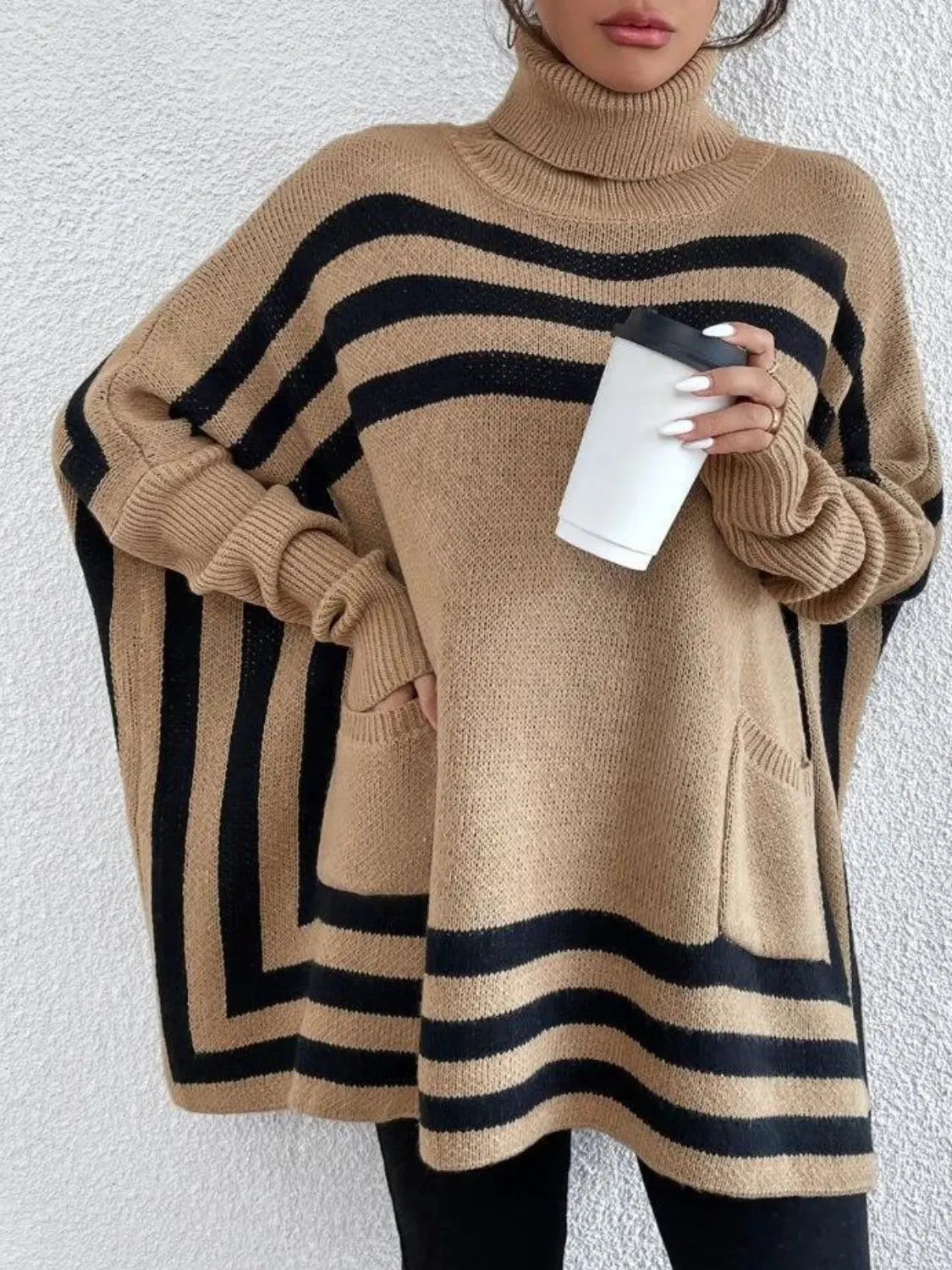 Striped Turtleneck Batwing Sleeve Sweater with Pockets GlossiChic Collection