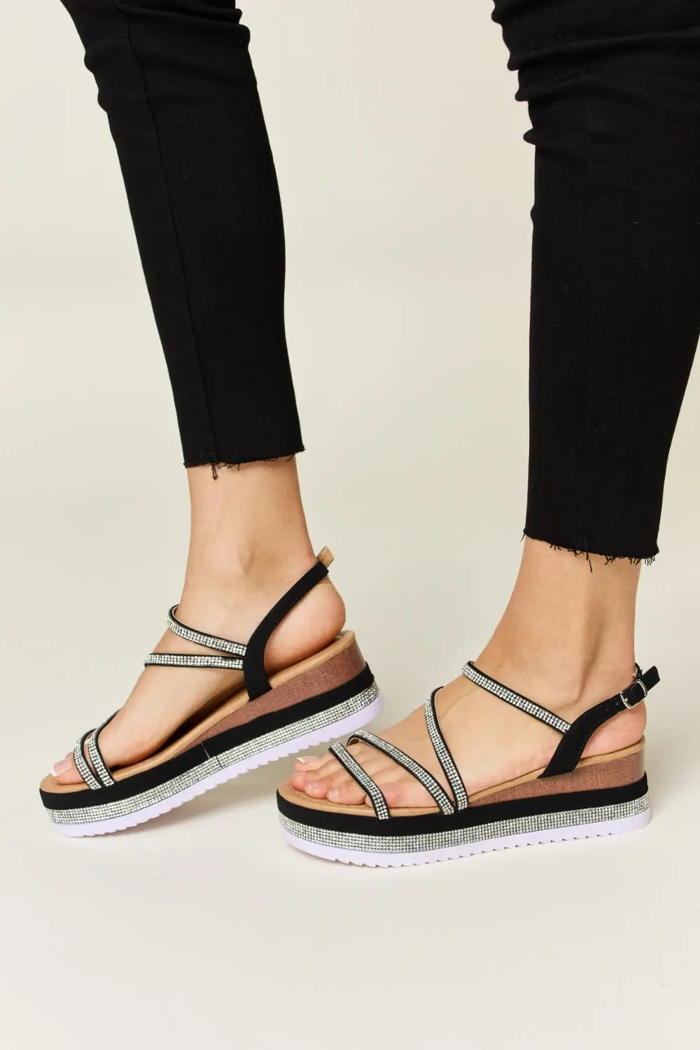 Rhinestone Strappy Wedge Sandals - GlossiChic Collection Black / 6 GlossiChic Collection Shoes & Accessories