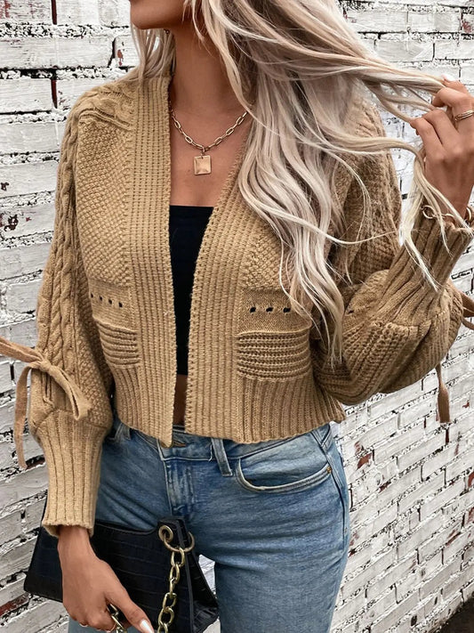 Cable - Knit Tied Open Front Lantern Sleeve Cardigan - GlossiChic CollectionBlazer & Cardigan