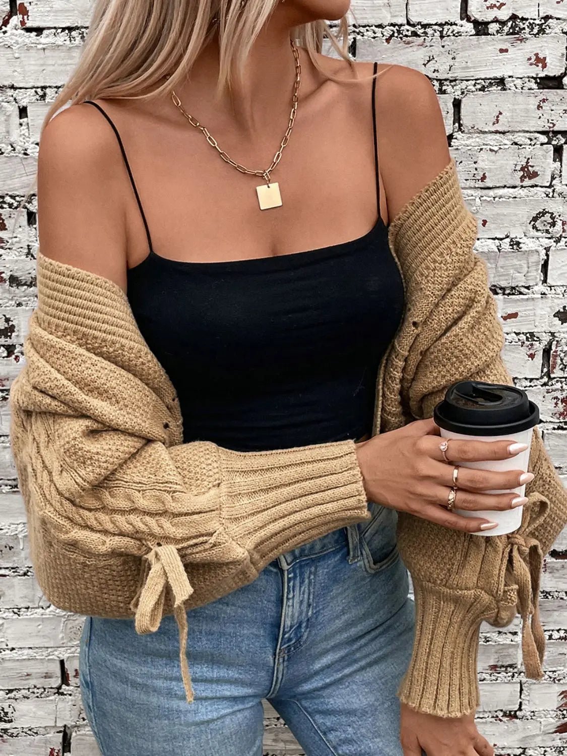 Cable-Knit Tied Open Front Lantern Sleeve Cardigan - GlossiChic Collection Camel / S GlossiChic Collection Blazer & Cardigan