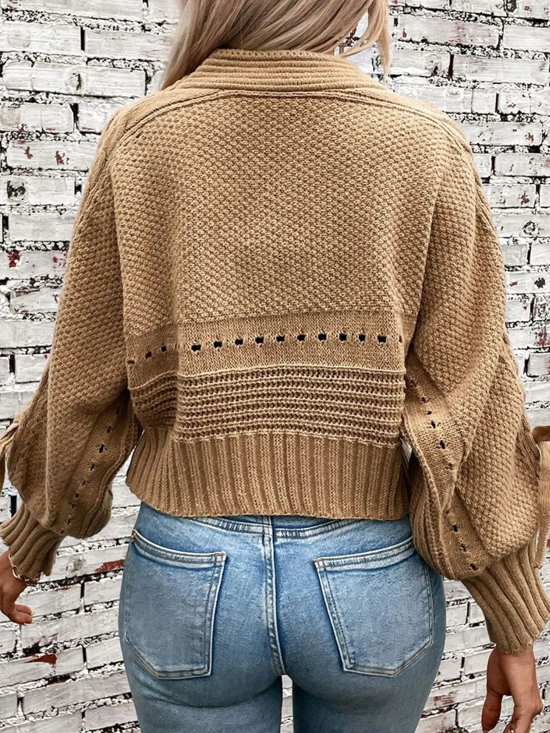 Cable-Knit Tied Open Front Lantern Sleeve Cardigan - GlossiChic Collection Camel / S GlossiChic Collection Blazer & Cardigan