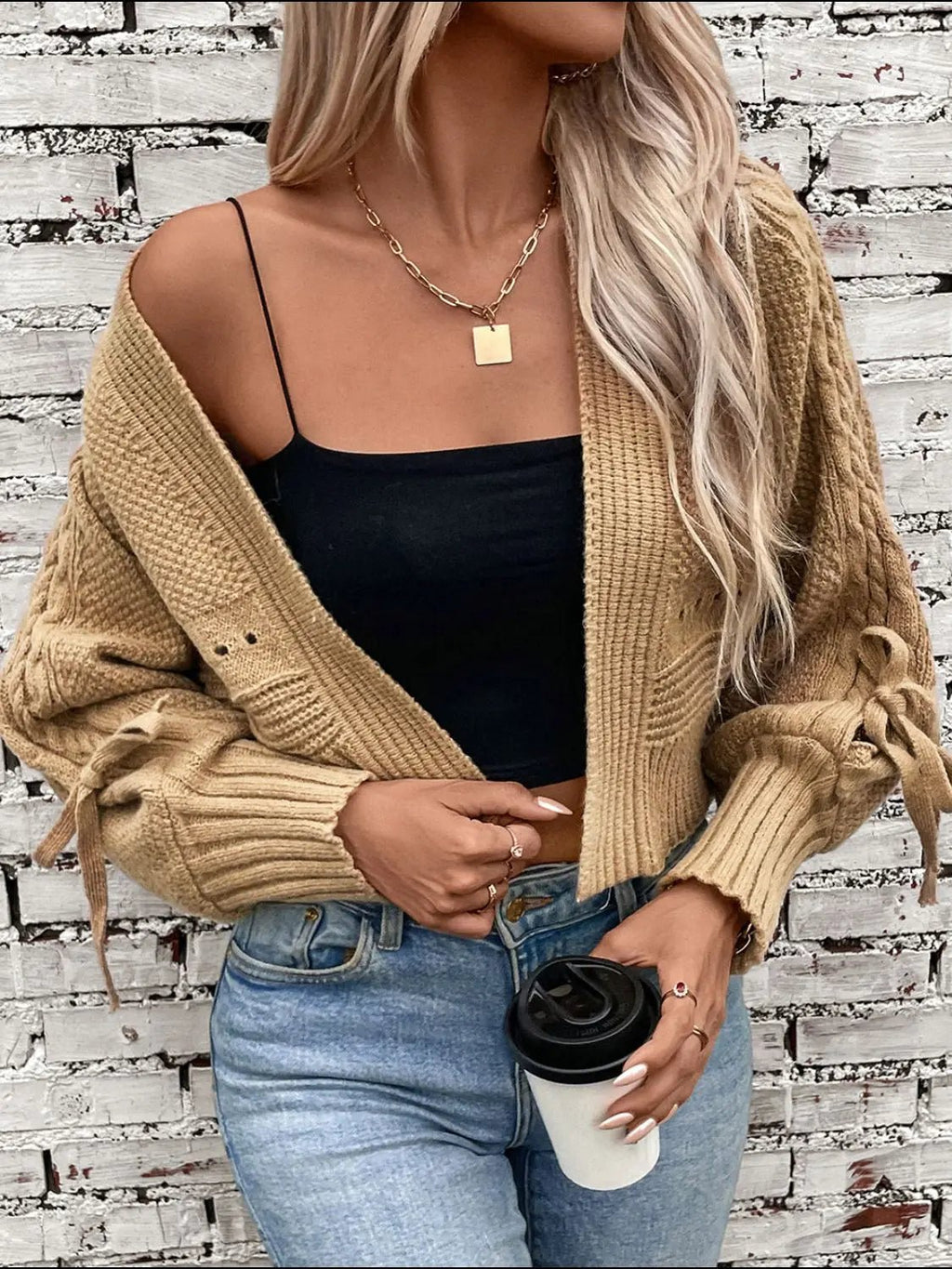 Cable-Knit Tied Open Front Lantern Sleeve Cardigan - GlossiChic Collection Camel / S GlossiChic Collection Blazer & Cardigan