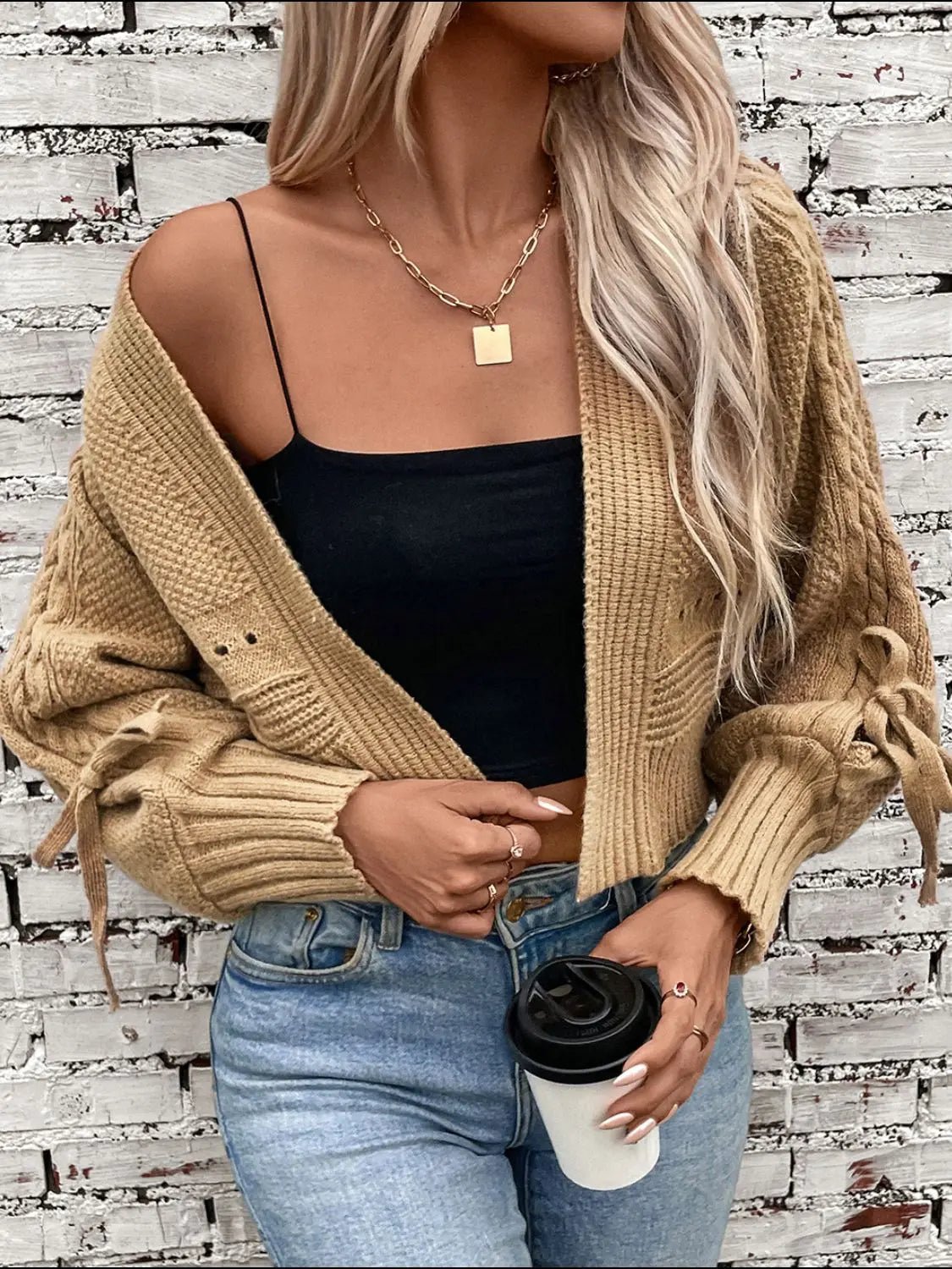 Cable-Knit Tied Open Front Lantern Sleeve Cardigan - GlossiChic Collection Camel / S GlossiChic Collection Blazer & Cardigan