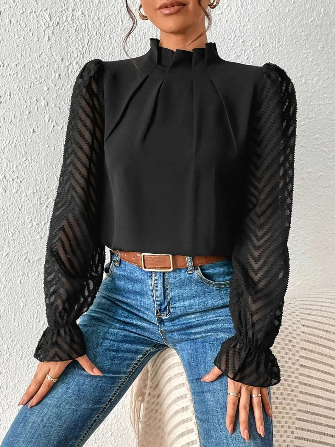 Mock Neck Flounce Sleeve Blouse - GlossiChic Collection Navy / S GlossiChic Collection Shirts & Tops
