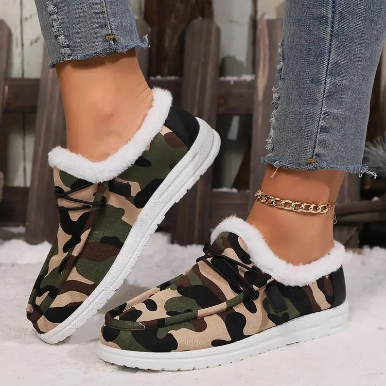 Fuzzy Camouflage Round Toe Boots Trendsi