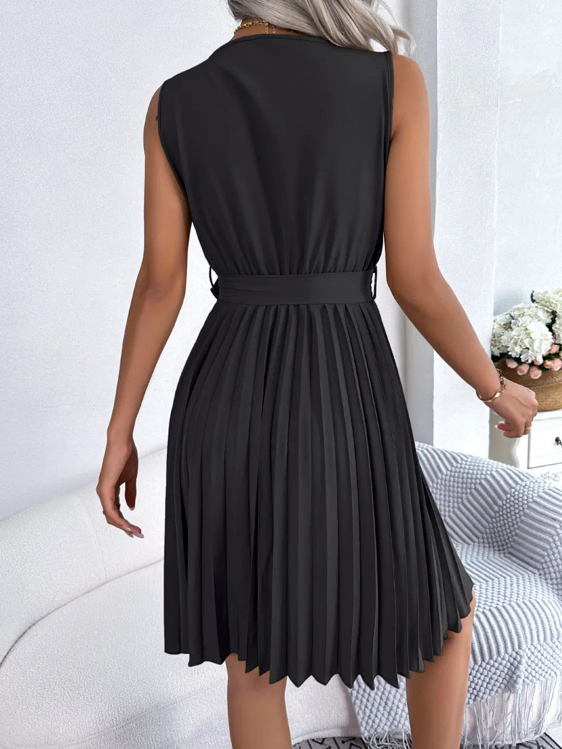 Tied Surplice Sleeveless Pleated Dress - GlossiChic Collection Black / S GlossiChic Collection Dresses