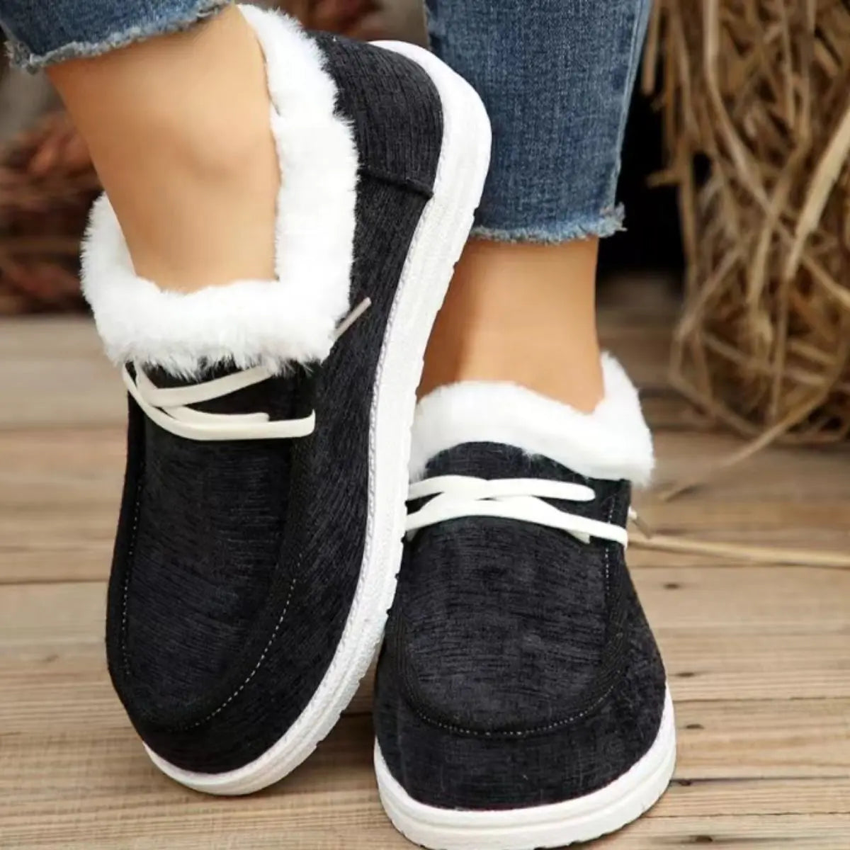 Lace Up Round Toe Furry Sneakers Trendsi