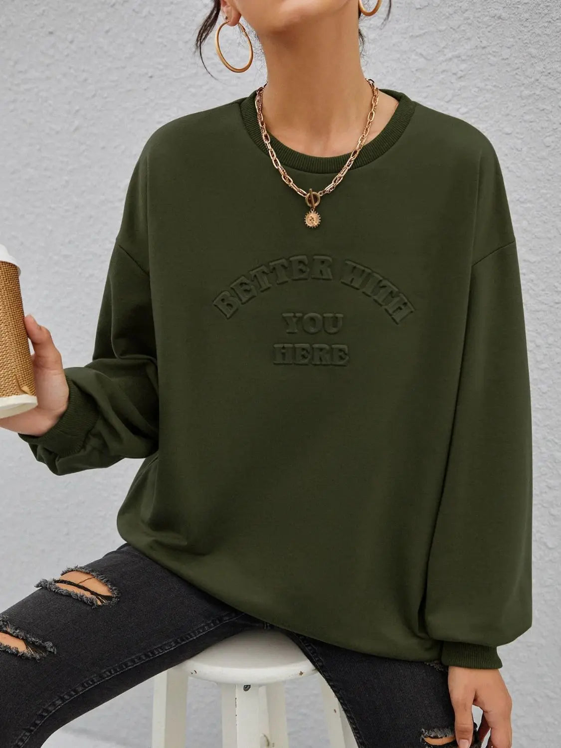 Stereoscopic Letter Round Neck Long Sleeve Sweatshirt GlossiChic Collection